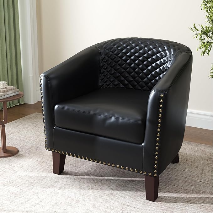 DREAMSIDEA Accent Barrel Chair, Upholstered Faux Leather Club Chair with Nailed Trim, Comfy Reading Armchair for Living Room Bedroom Reception Room Office (Black, Set of 2)
