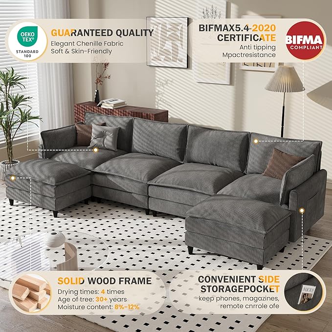 Apicizon 143" Cloud Couch Sectional, 4-Seat Deep Sofa Couch with Ottoman, Modern U Shape Sectional Cloud Sofa Corduroy for Living Room, Apartment, Office, Grey