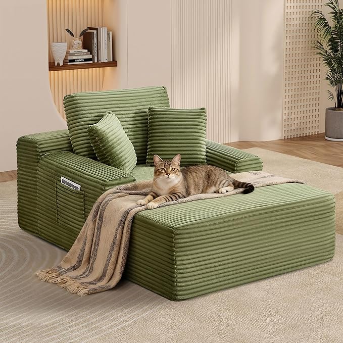 POINTANT 49”W Chaise Lounge Indoor, Oversized Couch Chair with 3 Throw Pillows, Corduroy Upholstered Boneless Sofa Bed,Lazy Bed Sleeper Reading Chairs for Living Room Apartment, No Assembly (Green)