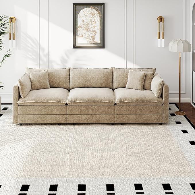 Aoowow Modular Sectional Sofa,112.2 Inch Modern Deep 3-Seater Sofas Comfy Chenille Cloud Sofas and Couches with Pillows for Living Room Apartment（Camel）