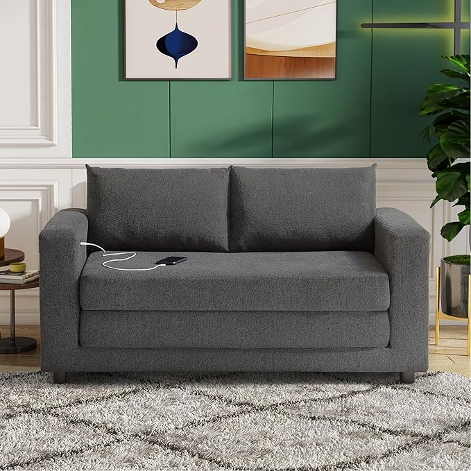 Chorlenimi Convertible Sofa Bed Comfy Linen Sleeper Sofa with Storage Pockets,USB Charging Port,Futon Floor Couch for Living Room,Bedroom,Apartment(Grey, 48 Inches)