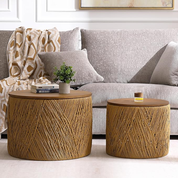 LZAREAL Farmhouse Round Coffee Table with Storage Boho Living Room Table with Lifting Top Hand-Woven Rattan Nesting Coffee Tables for Living Room, Walnut