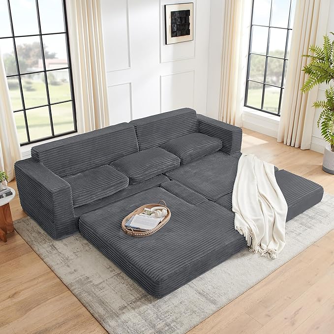 Minimalist L-Shape Modular Sectional Sofa – Corduroy Convertible Sofa Bed, Space-Saving Compressed Design
