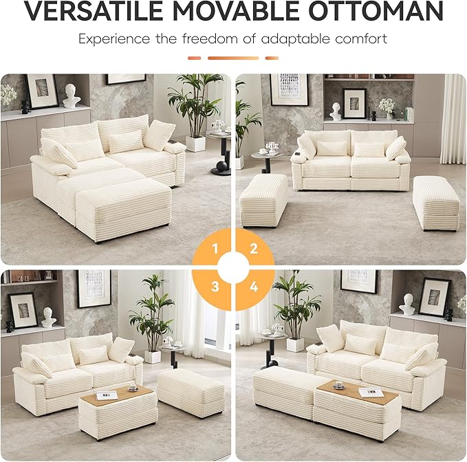 75" Corduroy Loveseat with Storage Ottoman, Cloud Deep Seat Couch with Convertible Ottoman Coffee Table & USB, Double Chaise Lounge for Living Room, Beige