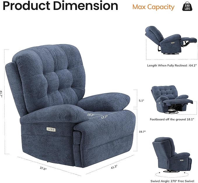 COLAMY Floren Power Swivel Recliner Chair with USB & Type-c Charge, Oversized and Padded Upholstered Deep Seat and Armrest, Rocking Recliner with Double Storage Pockets, Blue
