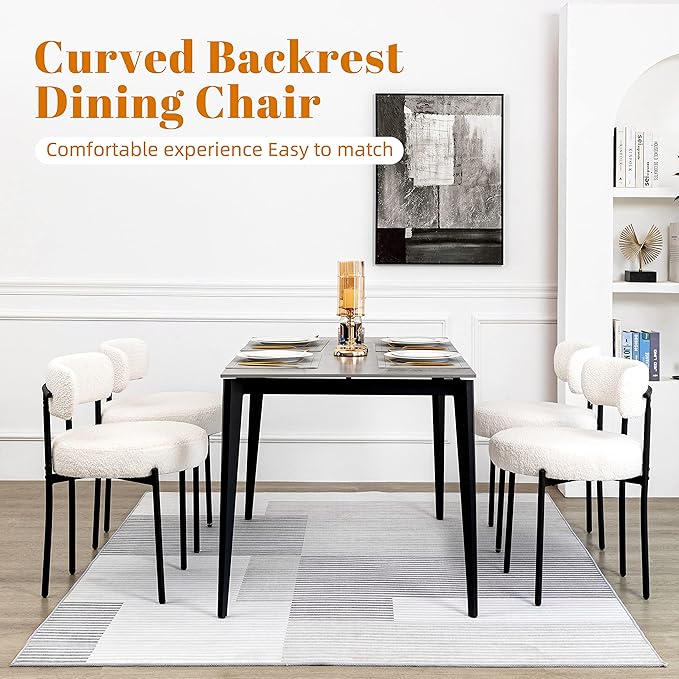 DYHOME White Boucle Dining Chairs Set of 2, Mid Century Modern Kitchen Chairs, Upholstered Dining Room Chairs with Curved Backrest and Black Metal Legs