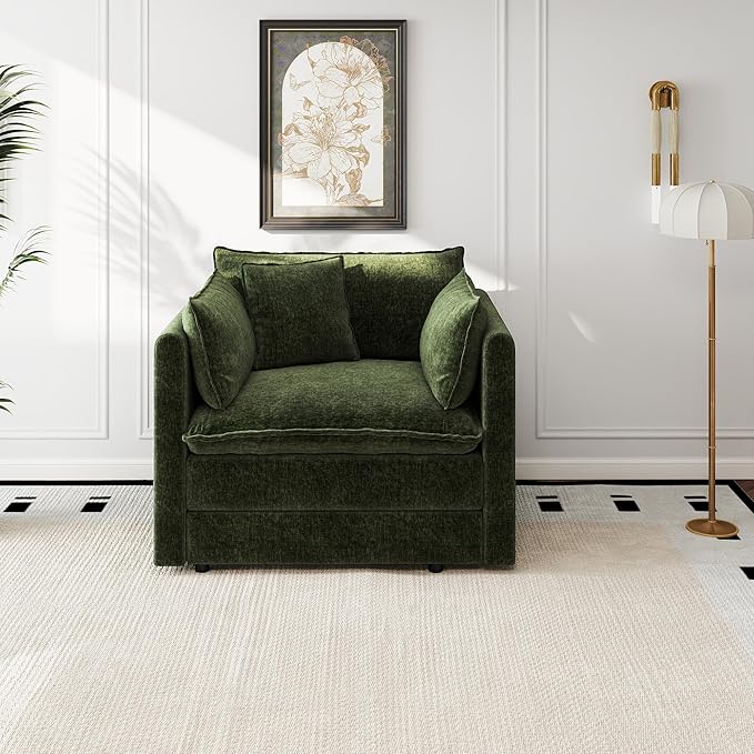 Aoowow Single Deep Seat Sofa Comfy Chenille Couch,Modern Upholstered Accent Armchair with Pillow for Living Room Bedroom Apartment(Green)