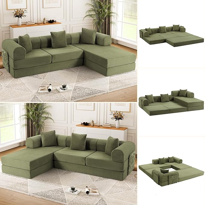 106.3" Oversized Convertible Sleeper Sofa Bed, L Shape Modular Sectional Cloud Sofa with Fixed-Shape Frame, Boneless Couch with Storage Pocket for Living Room, No Assembly Required, Green