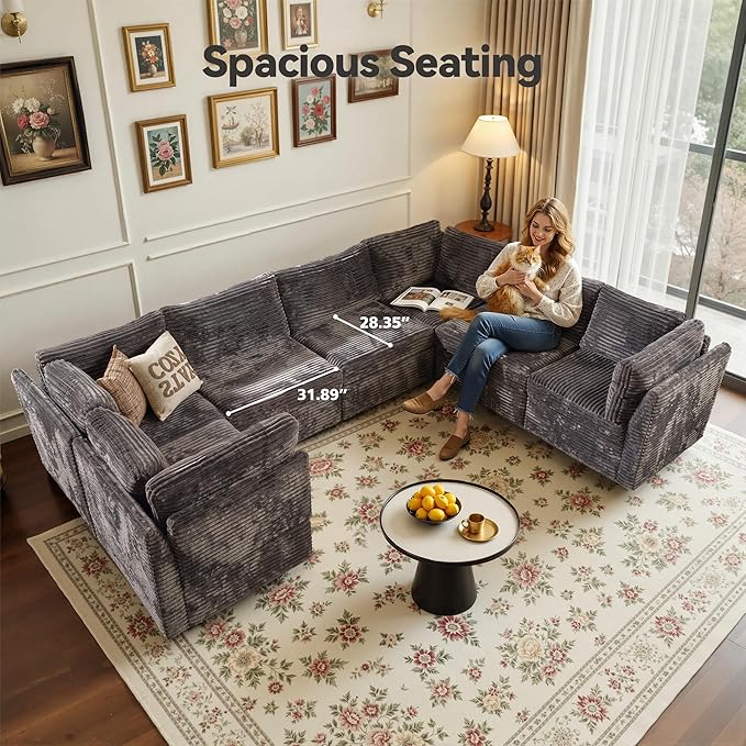 CAODOC Large 7 Seat Modular Sectional Sofa with Ottoman Seat Corduroy Sleeper Sectional Sofa Bed Oversized Convertible Modular Couch for Living Room