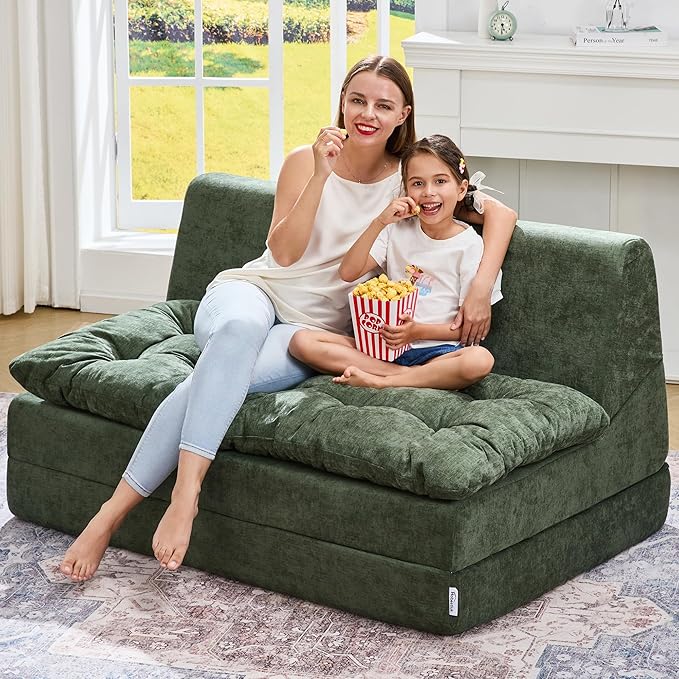 Hobestluk Sofa Couch Folding Sofa Bed Sleeper Comfy Floor Lounger Loveseat Sofa with Removable Cushion Couches Foldable Mattress for Living Room Bedroom or Office (Chenille Green, Oversize)