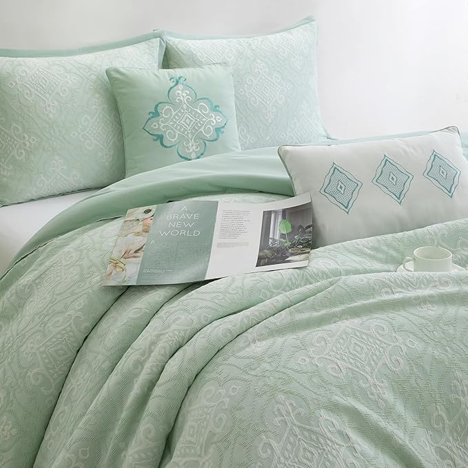 Grand Avenue 6 Piece Cotton Sage Comforter Set, Queen Size Jacquard Bedding Set, All Season Geometric Bedding, Matching Pillows, Shams, Bed Skirt
