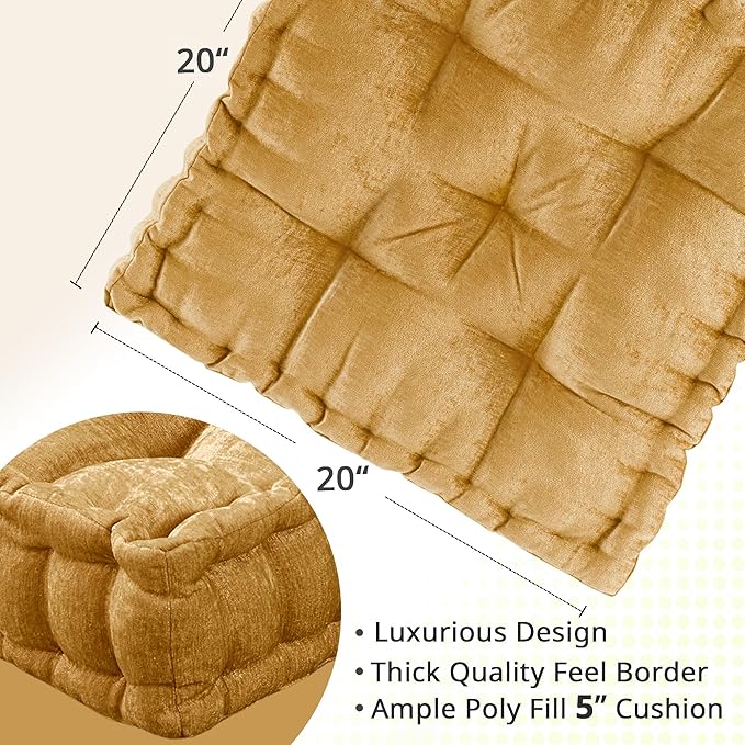 Intelligent Design Azza Floor Pillow, Large Cushions Sitting for Adults, Floor Pillow for Meditation or Yoga, Lustrous Chenille Tufted with Scalloped Edges for Bench/Chair Cushion, 20"x20"x5" Yellow