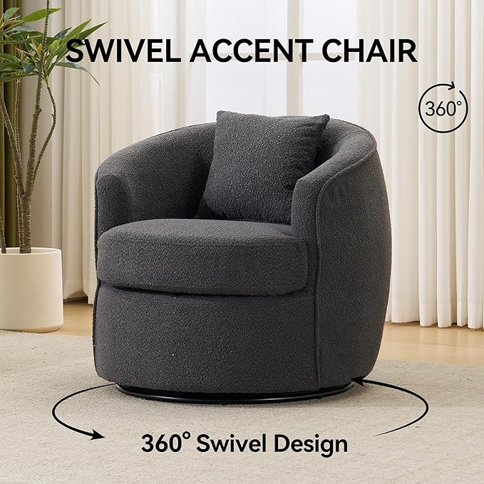 FaFaSoGoodFa Swivel Accent Chair Set, Modern Upholstered Boucle Barrel Arm Chairs with Pillow for Living Room, 360 Degree Round Swivel Sherpa Armchair with Round Base for Bedroom Club (2, Dark Grey)