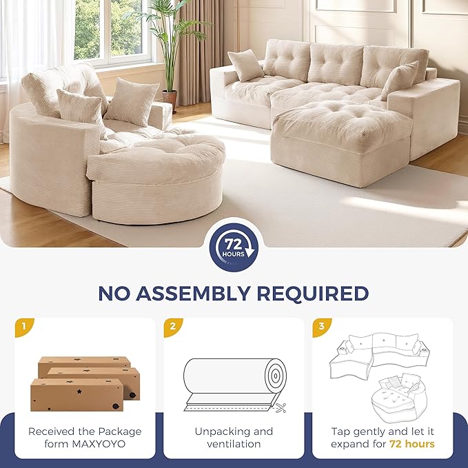 MAXYOYO L Shape Sectional Sofa Couch and Round Chaise Lounge, Modern Cloud Couch with Ottoman, Comfy Sofa with Layered Cushion, Tufted Upholstered Sleeper Chair for Living Room, No Assembly Required