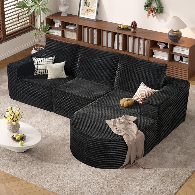 Modular Sectional Sofa with L-Shape Chaise,Cloud Sectional Modern Sleeper Couch with Deep Seat,Sponge Compression Sofas No Assembly Required (Black-Corduroy Fabric) 1PCS
