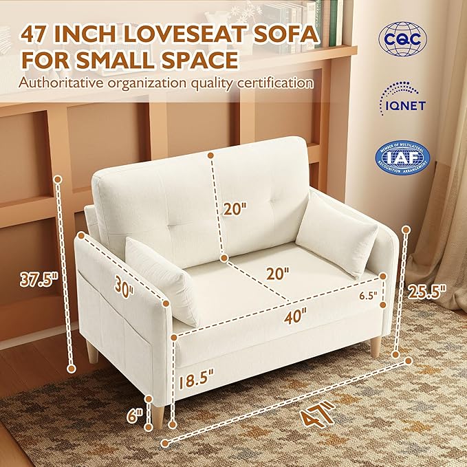 47" Small Sofa Couch, Soft Chenille loveseat Mini Couch with Throw Pillow and Removable Cushion Cover for Small Spaces, Bedroom, Apartment, Dorm, Office, Living Room(Beige)