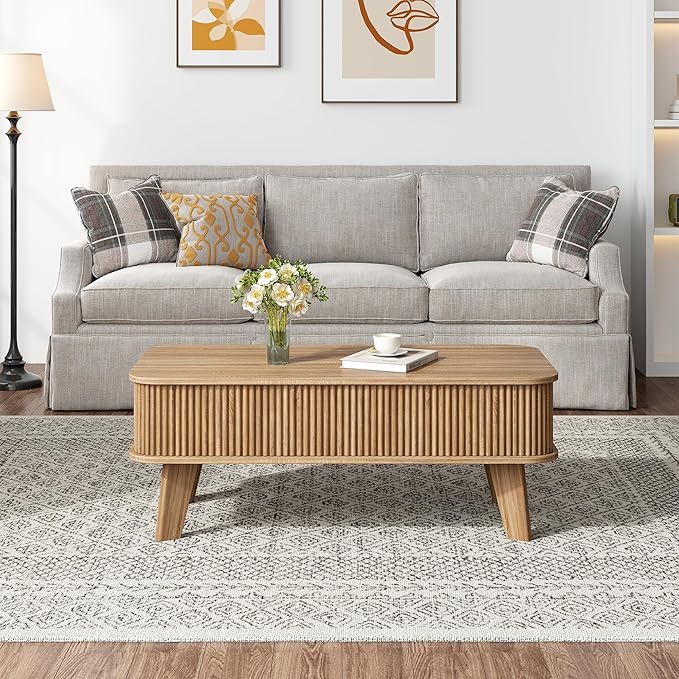 LCVTND Fluted Lift Top Coffee Table with Storage, Modern Wood Coffee Table Retro Center Table with Hidden Lifting Table Top Compartment for Living Room, Home, Office, Natural