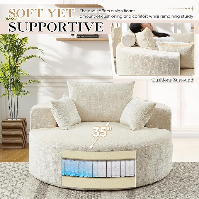 JEEOHEY Modern Round Accent Sofa Chair for Living Room, Upholstered Chenille Barrel Lounge Arm Chair with Large seat&Throw Pillows for Bedroom, Office, Apartment, Beige