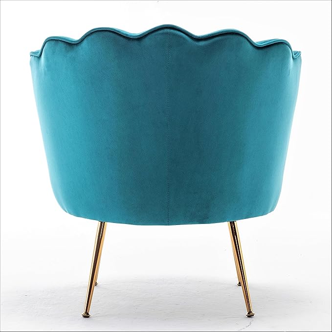 Container Furniture Direct Velvet Barrel Accent Chair with Scalloped Silhouette and Gold Metal Legs, Decorative Piece Suitable for Traditional, Modern, and Contemporary Spaces, Greenish Blue