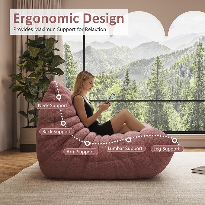 Bean Bag Chair, Oversized Loveseat Fireside Chair for Adults, 2 Seater with Memory Foam Filled, Lazy Sofa Lounge Floor Sofa for Living Room, Bedroom, Office, No Assembly Required. (Pink)