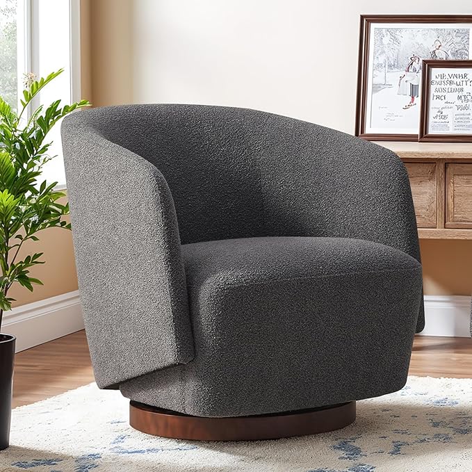 Boucle Swivel Accent Chair, No Assembly Upholstered Armchair with Rubberwood Base, 360° Rotating Barrel Chair for Living Room, Bedroom, Apartment & Reading Nook (1, Grey)