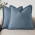 Foindtower Set of 2 Decorative Linen Fringe Throw Pillow Covers Cozy Boho Farmhouse Cushion Cover with Tassels Soft Accent Pillowcase for Couch Sofa Bed Living Room Home Decor, 24×24 Inch, Misty Blue