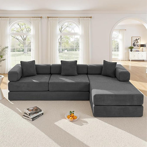 108" Oversized Convertible Sleeper Sofa Bed, Corduroy L Shape Sectional Couch, Folding Sofa Bed with Fixed-Shape Frame, Modern Cloud Floor Mattress Couch, Modular Sofa for Living Room, Grey
