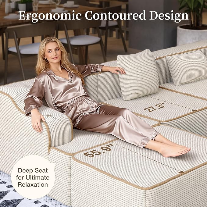 SUNSHINE VALLEY L Shaped Boneless Modular Cloud Couch, 133.5'' Oversized Corduroy Sectional Sofa for Living Room, 5-Seat Upholstered Modern Couch with Deep Seat, No Assembly Required, Beige
