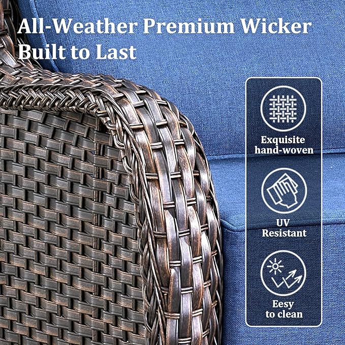 Pugire Luxury High Back Patio Furniture Set with 6-Inch Thick Cushions, 4-Pieces Outdoor Furniture with Swivel Chairs, Wicker Conversation Set for Porch, Balcony, Deck and Yard, Brown/Blue