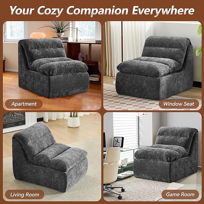 WUTUTUEE Boneless Chair, Double-Layer Armless Floor Sofa with High Density Memory Foam, No Assembly Togo Sofa, Chenille Bean Bag Chairs for Living Room, Bedroom, Comfy Cloud Chair (Grey)