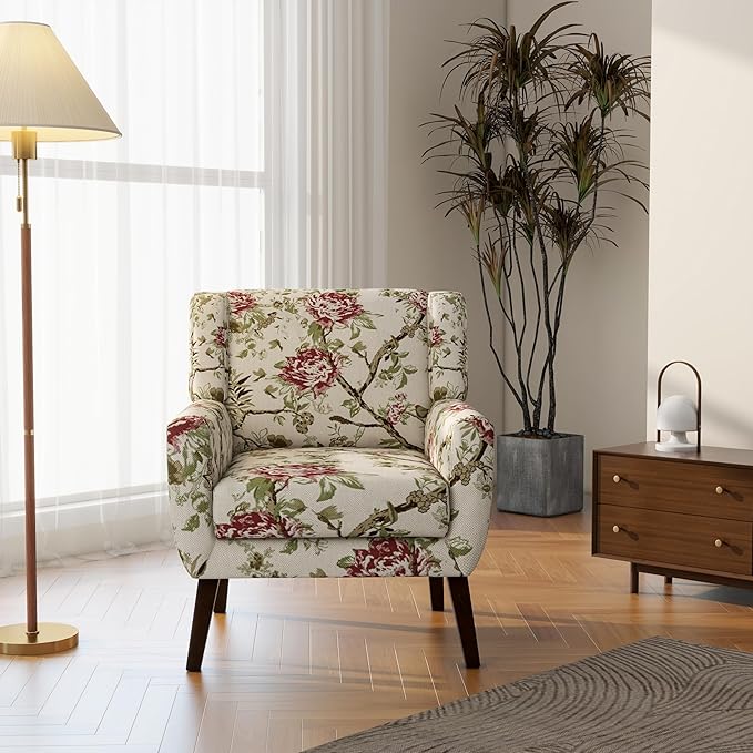 DREAMSIDEA Accent Chair, Modern Linen Blend Arm Chair for Living Room, Bedroom, Comfy High-Resilient Sponge Reading Chair for Small Spaces (Pattern Red Floral, Set of 2)