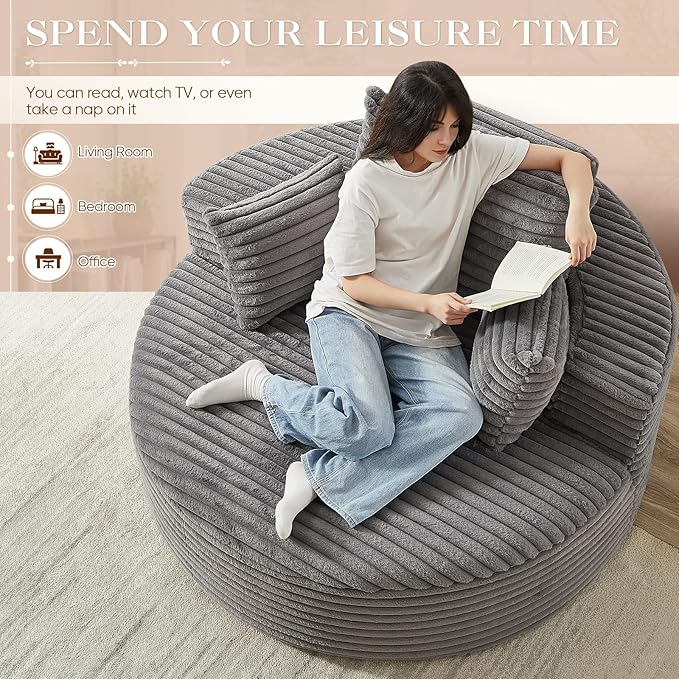 Oversized Round Chaise Longue Chair Indoor, Modern 55-inch Upholstered Corduroy Deep Seat Circle Single Cloud Lounge Floor Sofa Chair for Living Room, Bedroom Apartment, Grey