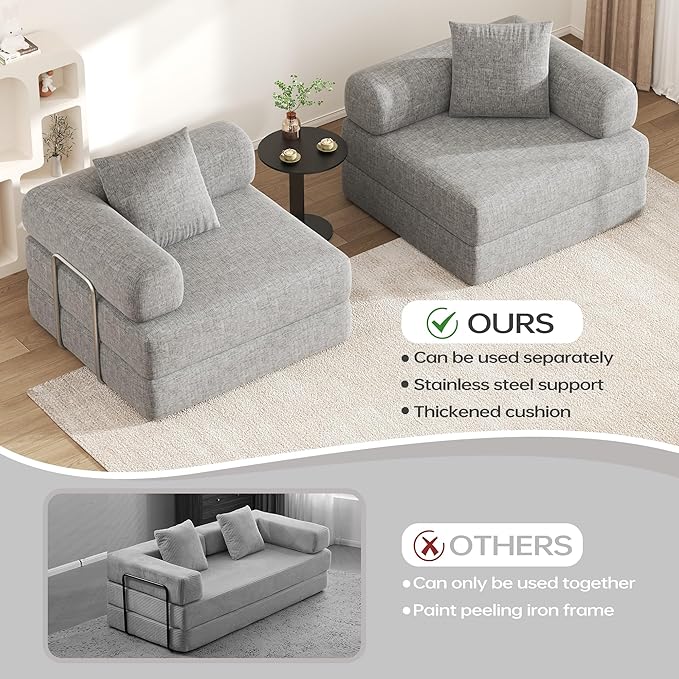 DURASPACE 78.4'' Convertible Folding Sofa Bed, Floor Sleeper Sofa Couch with Fixed-Shape Frame, Compression Comfy Couch in a Box, Boneless Modular Loveseat for Living Room (Chenille Gray)