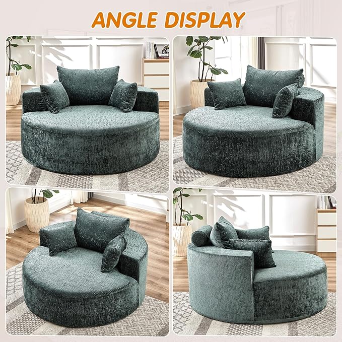 55"W Oversized Round Chair Lounge Chaise Indoor, Upholstered Comfy Circle Sofa Armchair, Modern Cozy Boneless Foam Floor Reading Chair for Living Room, Bedroom, No Assembly Required(Chenille, Green)