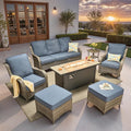 ovios 7 Pieces Patio Furniture Set, Outdoor Wicker Sofa Couch with Swivel Chairs 54" Fire Pit Table, High Back Modern All Weather Conversation Sets, Grey Rattan, Denim Blue