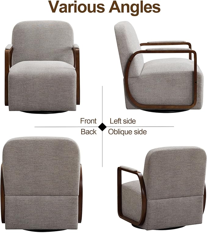 CACFTII 32" Chenille Upholstered Swivel Accent Chairs Set of 2, 360° Rotating Metal Base Modern Lounge Chair with Wooden Armrests for Living Room Bedroom, Brown