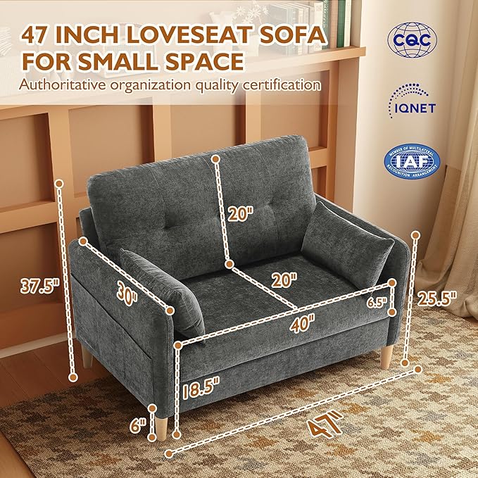 47" Small Sofa Couch for Bedroom, Soft Chenille loveseat Mini Couch with Throw Pillow and Removable Cushion Cover for Small Spaces, Living Room, Apartment, Dorm, Office(Dark Grey)