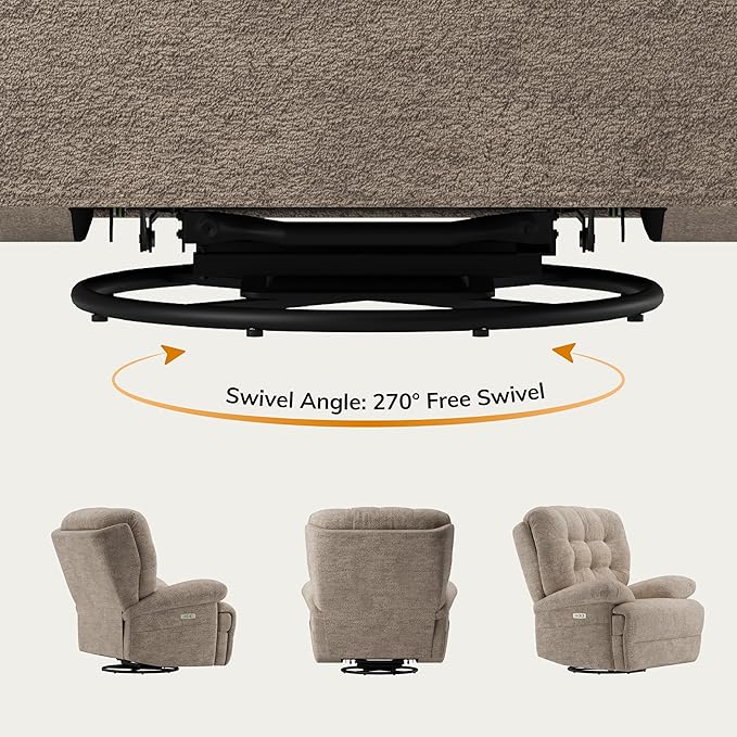 COLAMY Floren Power Swivel Recliner Chair with USB & Type-c Charge,Oversized and Padded Upholstered Deep Seat and Armrest，Rocking Recliner with Double Storage Pockets,Coffee