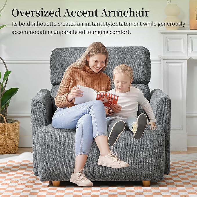 QKFF Modern Oversized Accent Chair with Storage Ottoman & 2 Side Pillows, Snowflake Fleece Upholstered Chaise Lounge Chair, Deep Seat Reading Chair for Living Room, 350lbs Capacity