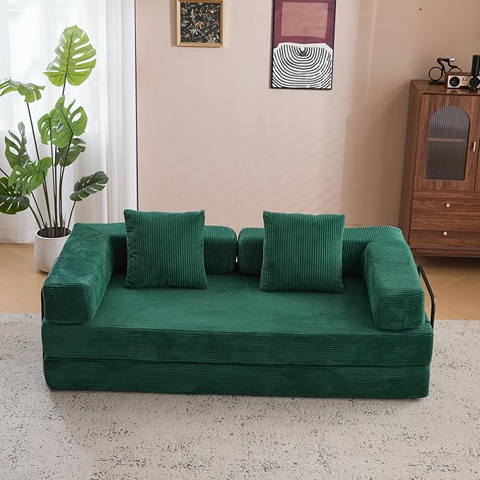Floor Couch with Pillow Back Support and Armrest, Convertible Sofa Bed for Living Room or Bedroom, Corduroy Fabric Comfort Sleeper