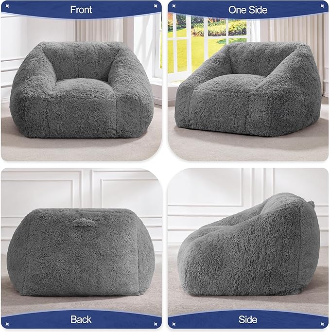 Hobestluk Bean Bag Chairs for Adults Giant Bean Bag Chair with Memory Foam Filling, Adult Beanbag for Bedroom, Living Room (Grey Plush)