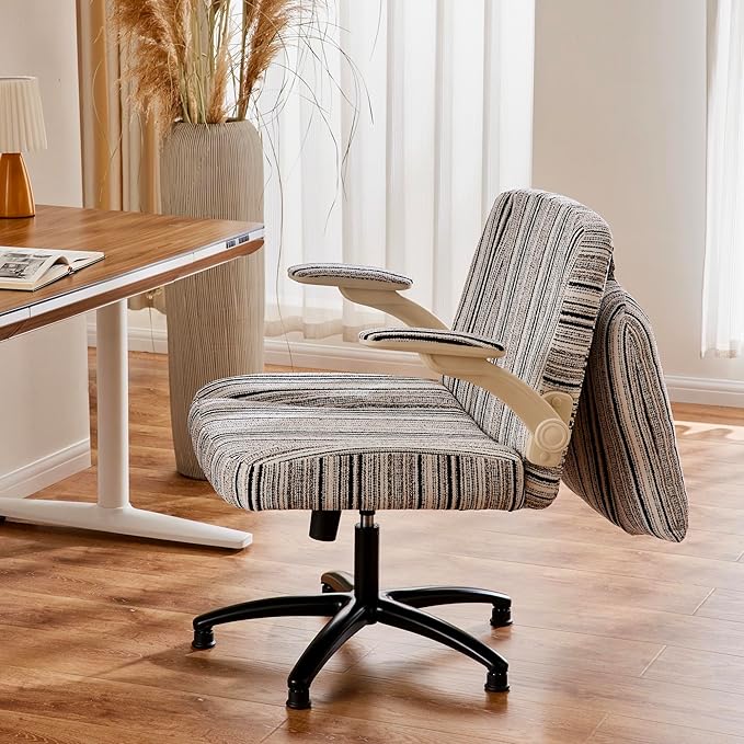 Pipersong Criss Cross Chair with Arms, Plus Size Cross Legged Desk Chair with Flexible Back Cushion, Adjustable Arm Rest, Extra Wide Seat, 350lbs Fabric Home Office Chair with Castors and Bell Glides
