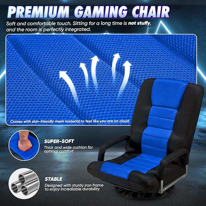 Swivel Gaming Chair 360 Degree Multipurpose 2PACK Floor Chair w/Armrest & 6 Adjustable Postions Backrest for Adults & Kids, for Reading, Gaming, Watching, Relaxing, Blue