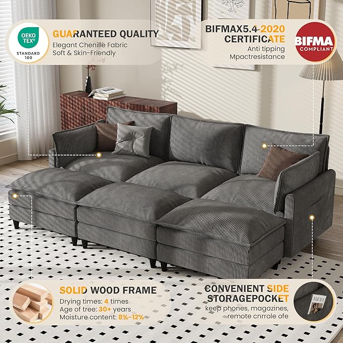 Apicizon 108" Cloud Couch Sectional, Modern Corduroy Cloud Sofa Set with Side Storage Pocket, Comfy Convertible Sleeper Couch with Chaise for Living Room, Apartment, Office, Grey