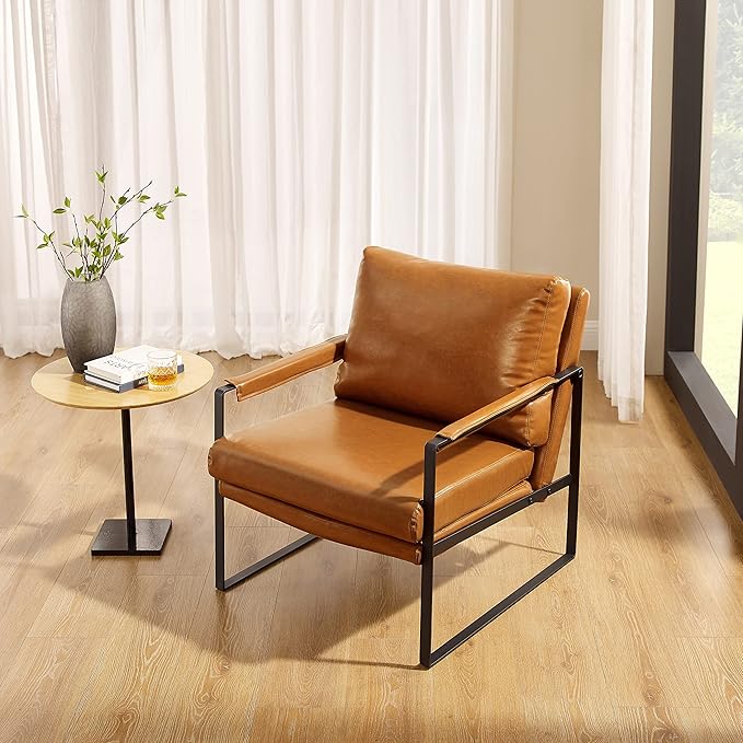 Volans Mid Century Modern Accent Chair with Arms for Living Room, Faux Leather Accent Chairs for Lounge, Metal Frame Armchair Reading Chair Single Sofa for Bedroom Office, Brown