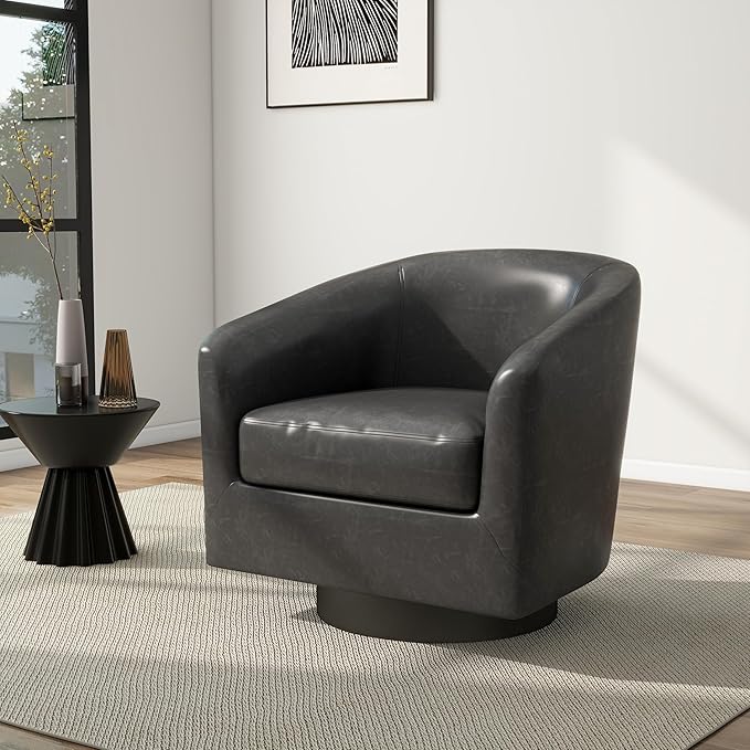 Swivel Barrel Chair, Modern Round PU Leather Accent Armchair for Living Room, Bedroom, Oversized Comfy Club Reading Chairs for Adults (Leather Black Grey, Set of 1)