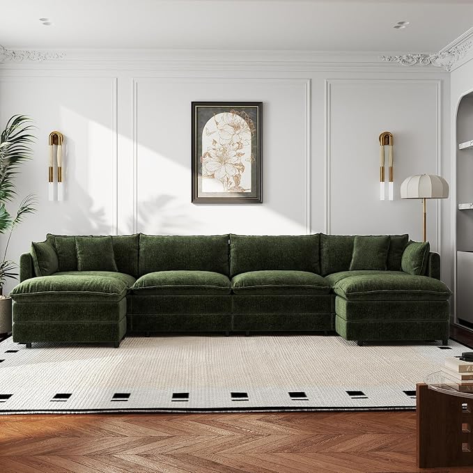 Aoowow Modular Sectional Sofa Modern Convertible U Shaped Couch,147.2 Inch Deep 4-Seater Sofas Set Comfy Chenille Cloud Sofas and Couches with Movable Ottoman for Living Room Apartment（Green）