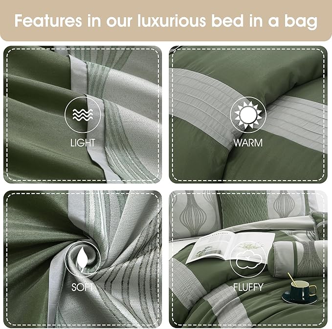 Grand Avenue 7 Piece Green Comforter Set, California King Size Jacquard Bedding Set, All Season Geometric Patchwork Bedding Set, Matching Pillows, Shams, Bed Skirt