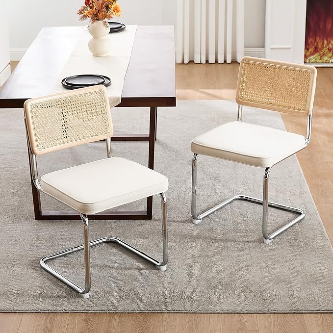 Zesthouse Natural Rattan Dining Chairs Set of 4, Mid Century Modern Dining Chairs with Solid Wood Back & Chrome Base, for Kitchen Living Room, Breuer Design Inspired, Upholstered Linen Fabric, White