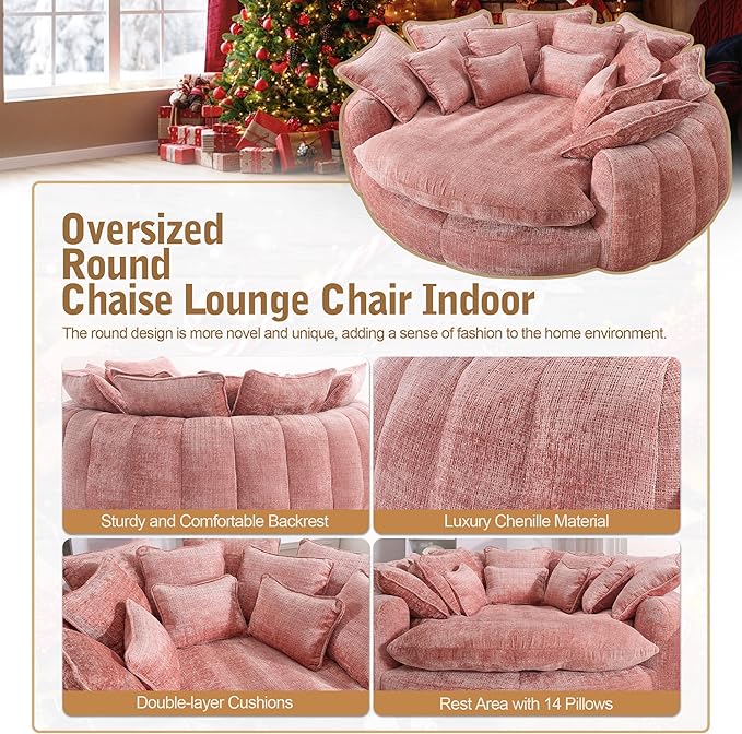 82'' Oversized Upholstered Sofa Bed, Round Chaise Lounge Chair Indoor, Modern Chenille Boneless Couch, No Assembly Required, Plush Sleeper Chair with 14 Pillows for Living Room, Pink